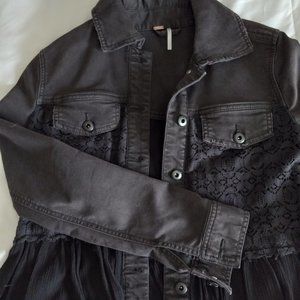 Free People Black Denim & Lace Mix Lightweight Jean Jacket